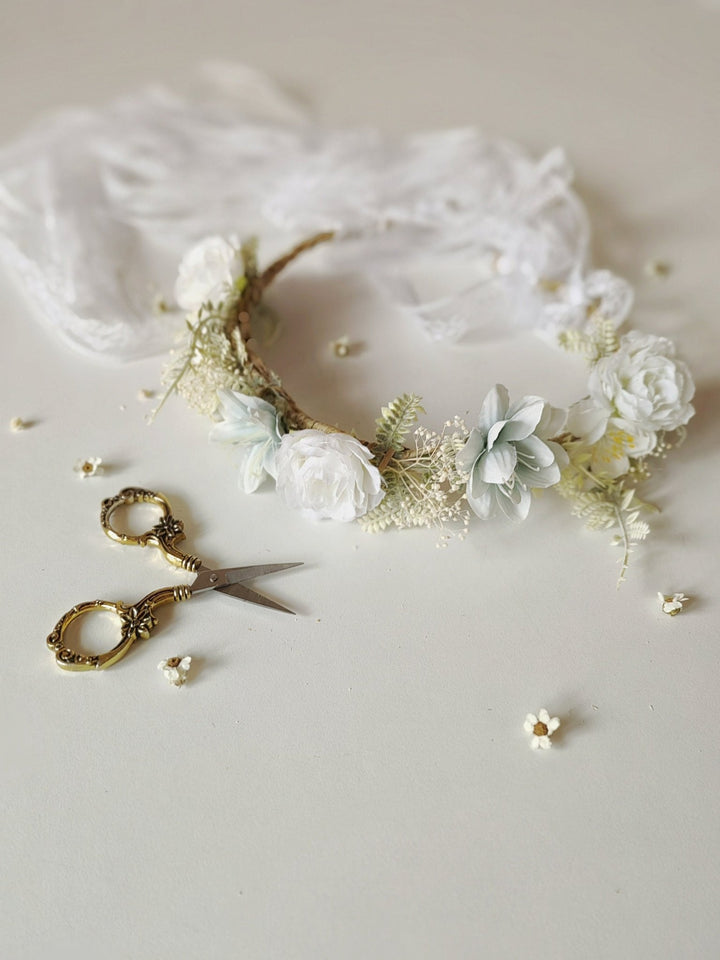 White Flower Crown with Veil: Boho Bridal Head Wreath – handmade floral hair accessory by magaela
