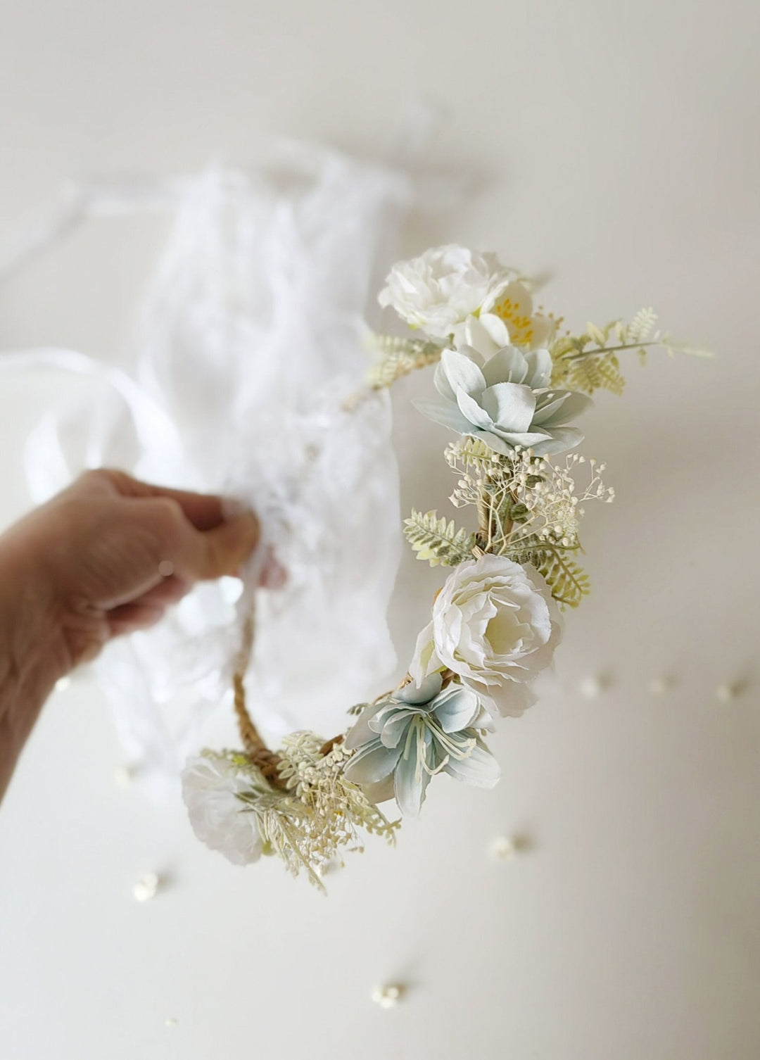 White Flower Crown with Veil: Boho Bridal Head Wreath – handmade floral hair accessory by magaela