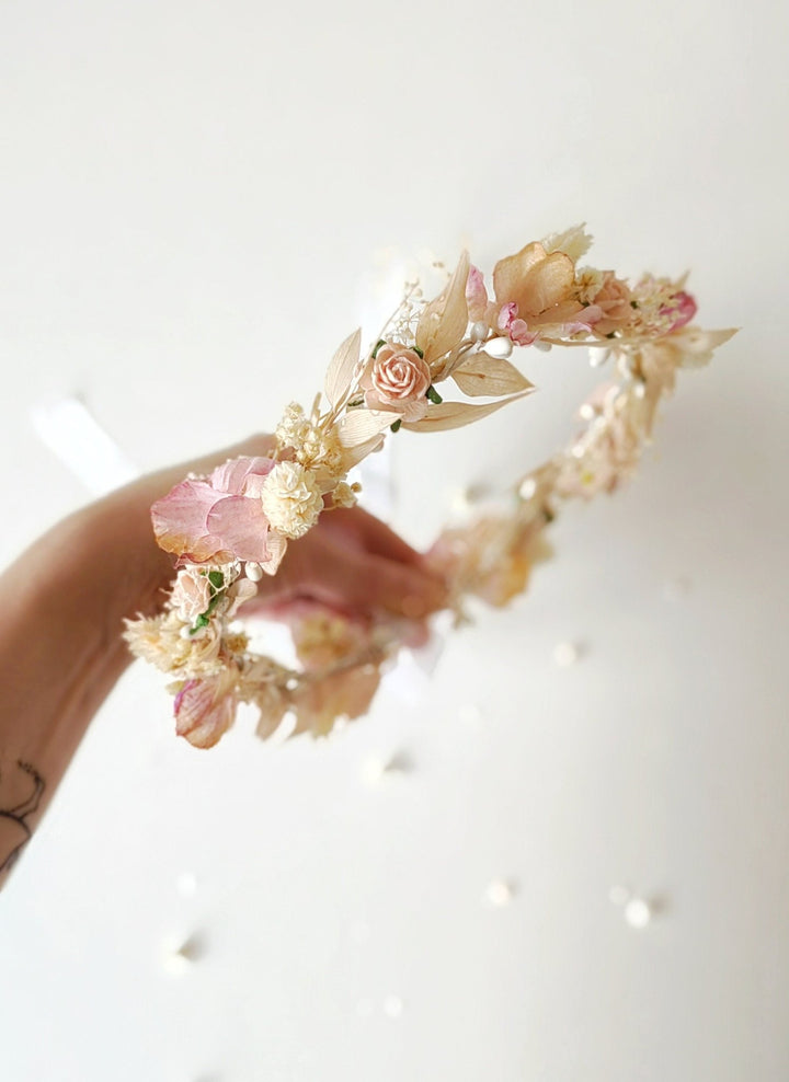 Pink Flower Hair Wreath: Holy Communion Headpiece, Fairycore Bridal Crown – handmade floral hair accessory by magaela