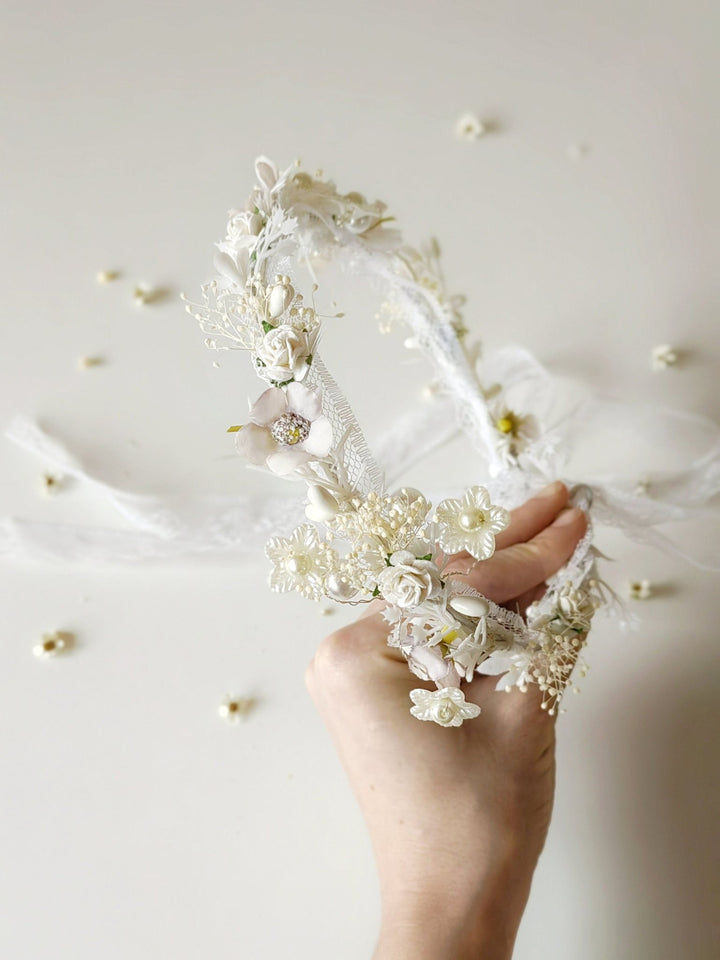White Flower Crown: First Communion Bridal Headpiece with Pearls – handmade floral hair accessory by magaela