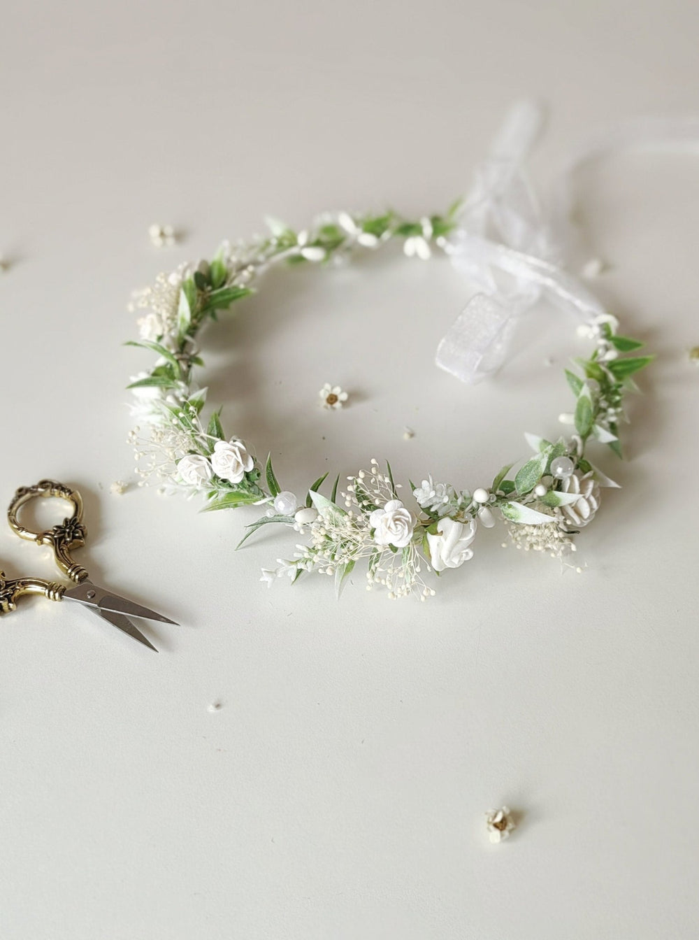 Flower Hair Wreath with Pearls: First Communion Bridal Crown – handmade floral hair accessory by magaela