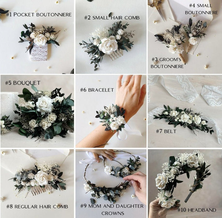Eucalyptus & Ivory Rose Headband: Romantic Bridal Hair Crown – handmade floral hair accessory by magaela