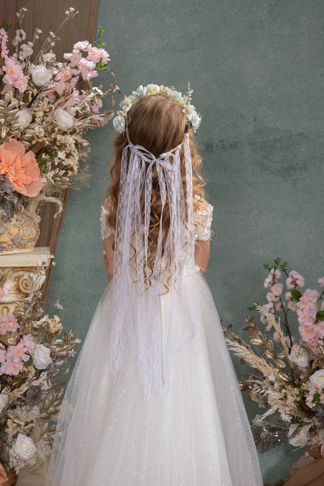 White Flower Crown with Veil: Boho Bridal Head Wreath – handmade floral hair accessory by magaela