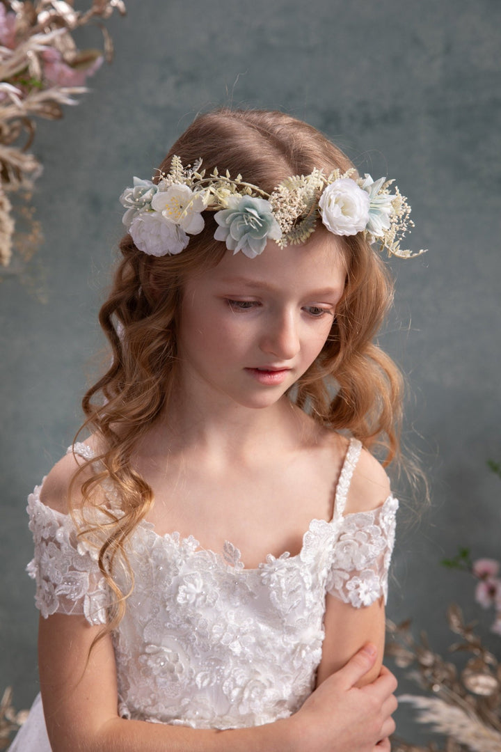 White Flower Crown with Veil: Boho Bridal Head Wreath – handmade floral hair accessory by magaela