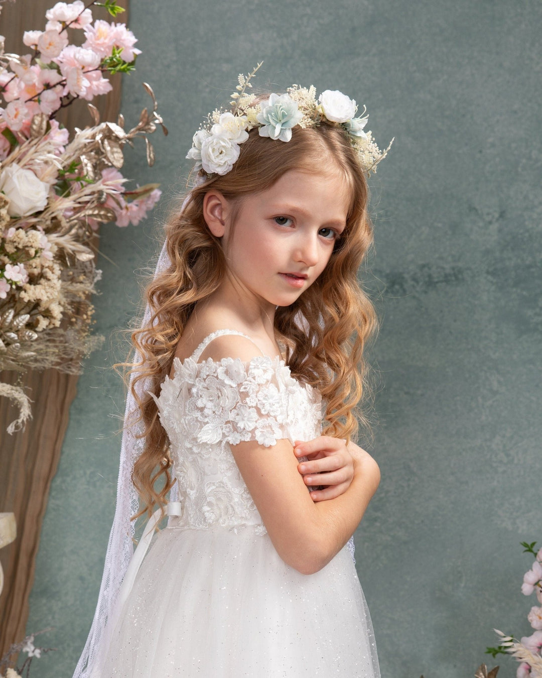 White Flower Crown with Veil: Boho Bridal Head Wreath – handmade floral hair accessory by magaela