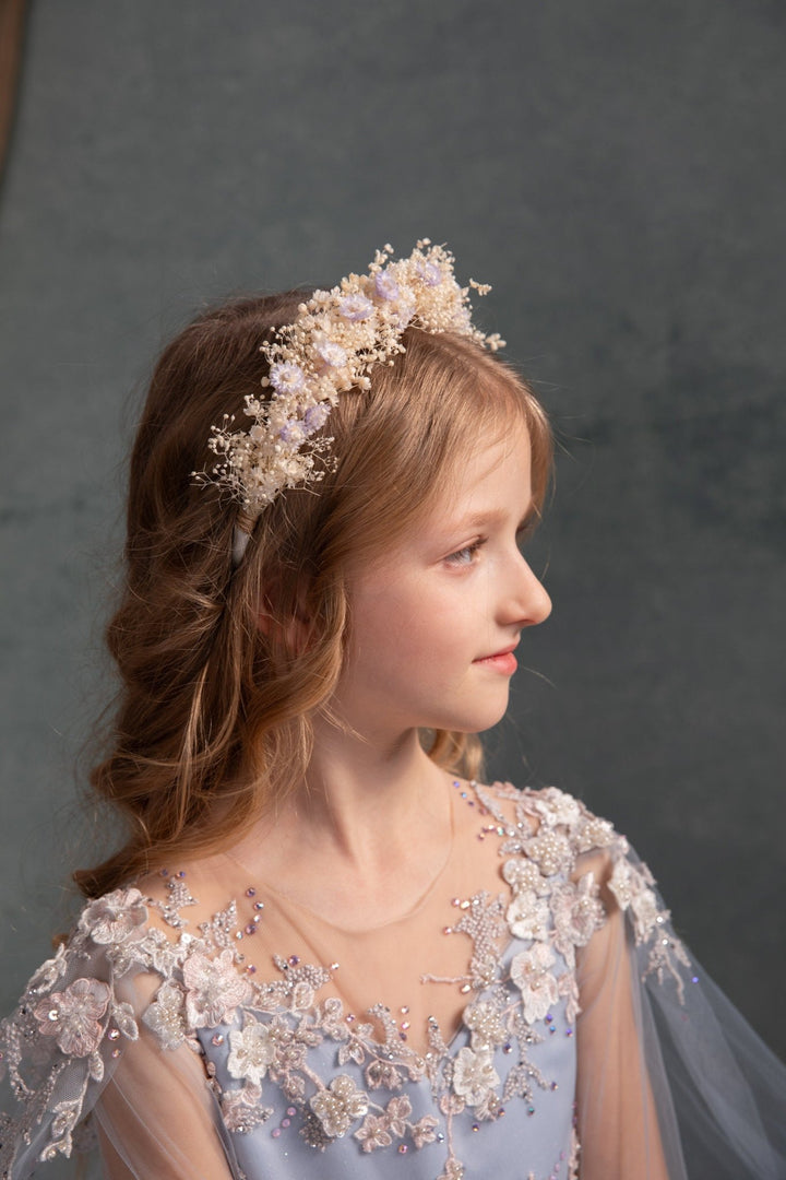 Preserved Flower Headband: Purple Cream Holy Communion Crown – handmade floral hair accessory by magaela