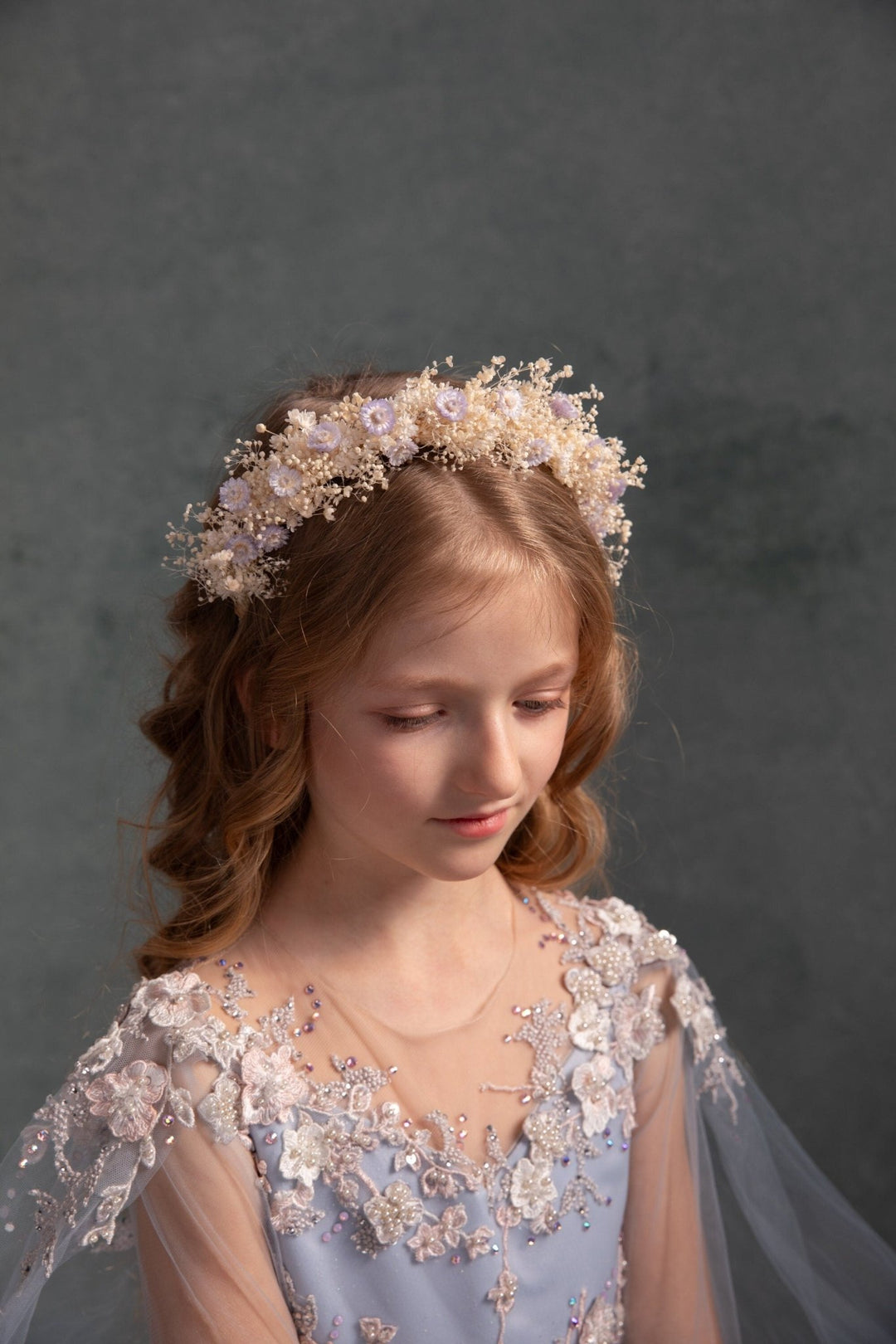 Preserved Flower Headband: Purple Cream Holy Communion Crown – handmade floral hair accessory by magaela