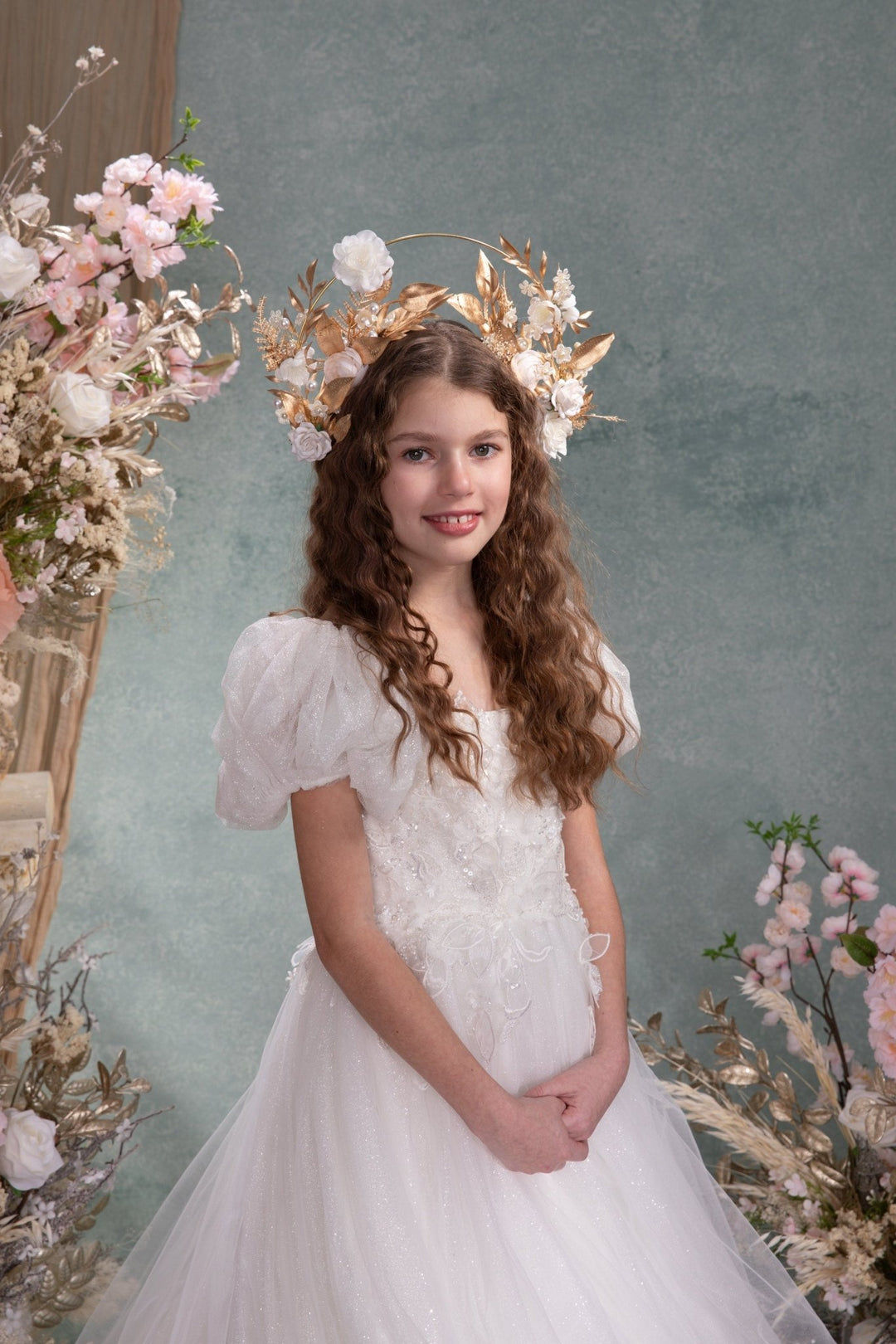 Golden Halo Crown: White Flower Headband, Holy Communion, Bridal – handmade floral hair accessory by magaela