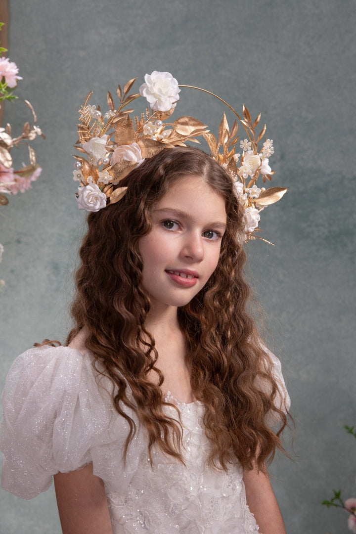 Golden Halo Crown: White Flower Headband, Holy Communion, Bridal – handmade floral hair accessory by magaela
