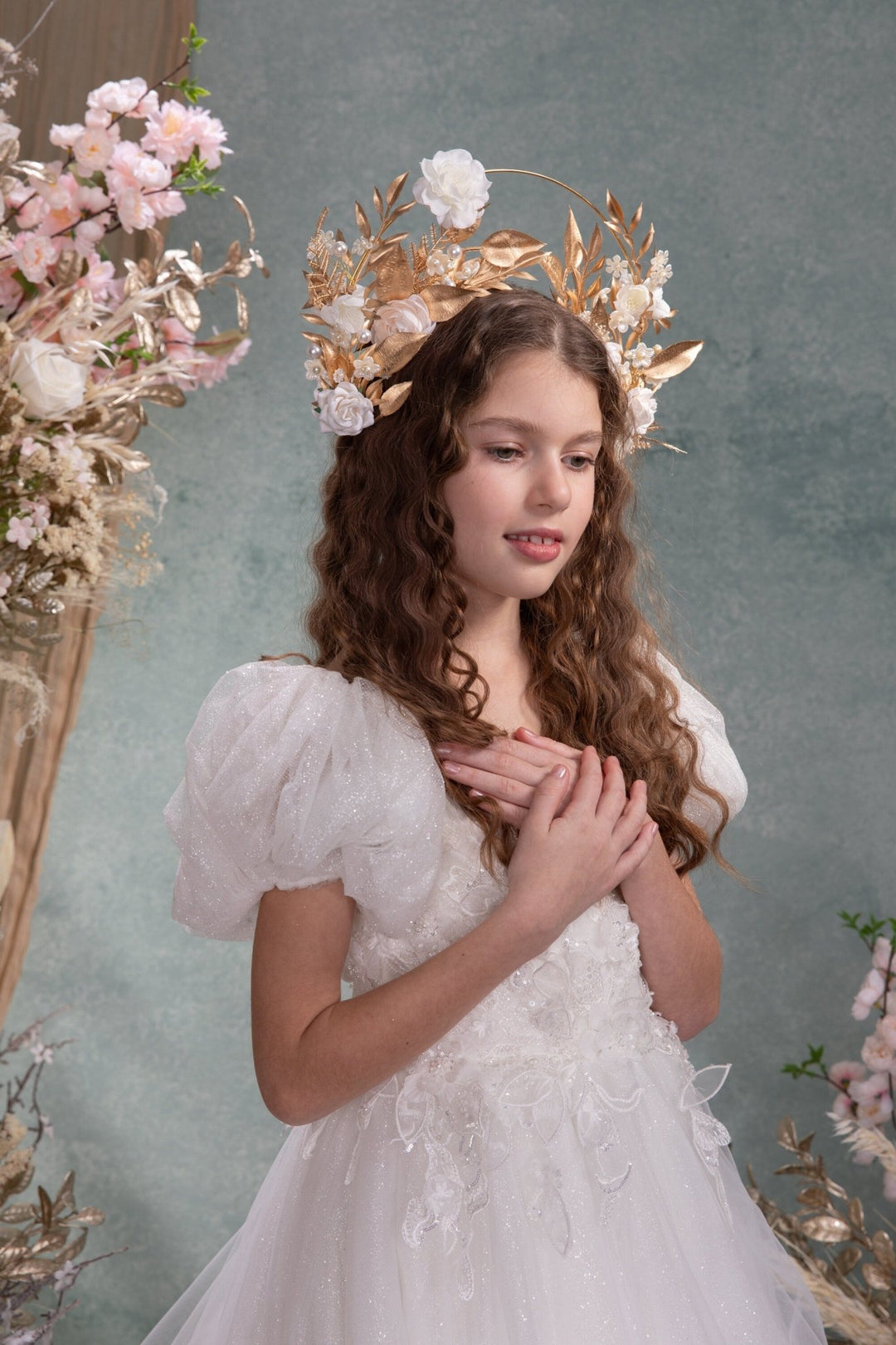 Golden Halo Crown: White Flower Headband, Holy Communion, Bridal – handmade floral hair accessory by magaela