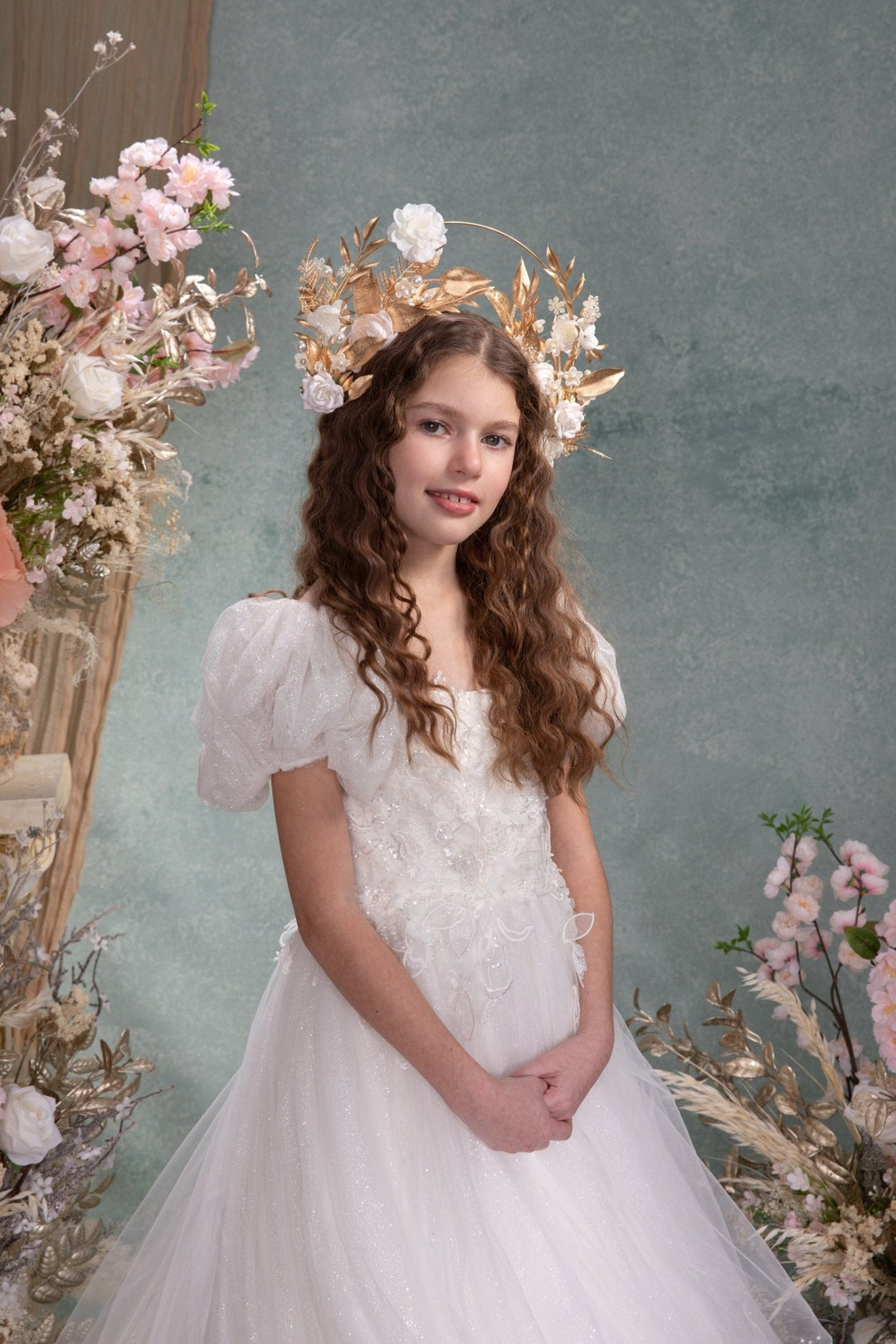 Golden Halo Crown: White Flower Headband, Holy Communion, Bridal – handmade floral hair accessory by magaela