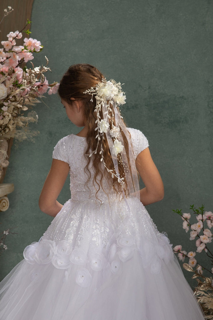 Flower Hair Clip with Veil: First Communion Headpiece – handmade floral hair accessory by magaela