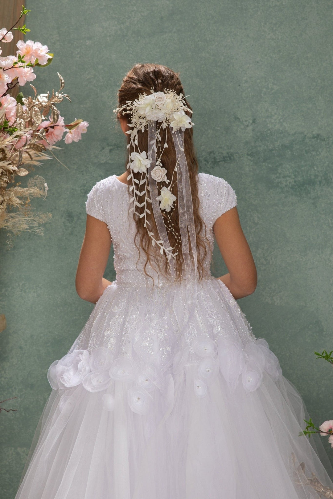 Flower Hair Clip with Veil: First Communion Headpiece – handmade floral hair accessory by magaela