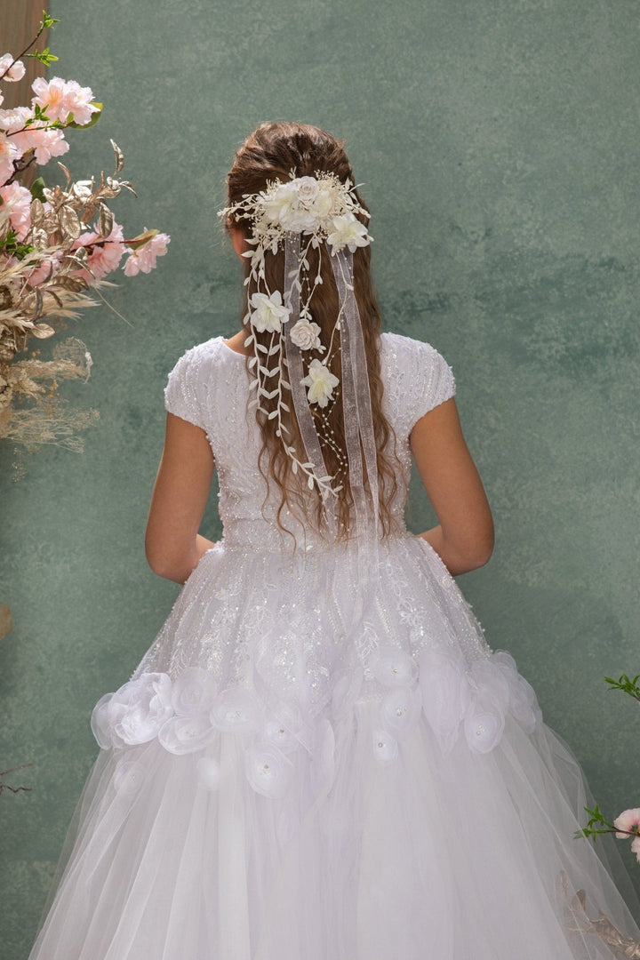 Flower Hair Clip with Veil: First Communion Headpiece – handmade floral hair accessory by magaela