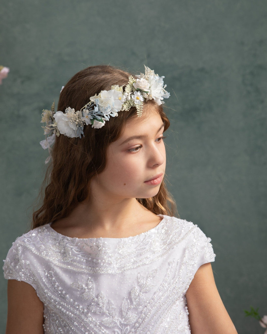 White Flower Hair Wreath with Veil: First Communion Headpiece – handmade floral hair accessory by magaela