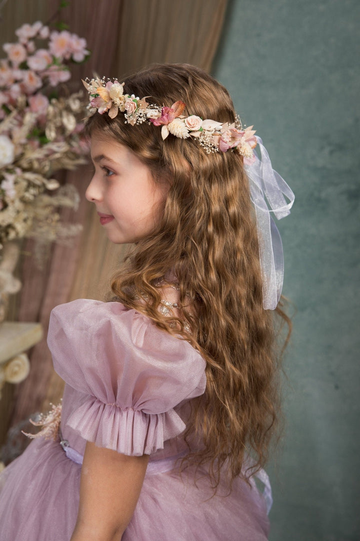 Pink Flower Hair Wreath: Holy Communion Headpiece, Fairycore Bridal Crown – handmade floral hair accessory by magaela