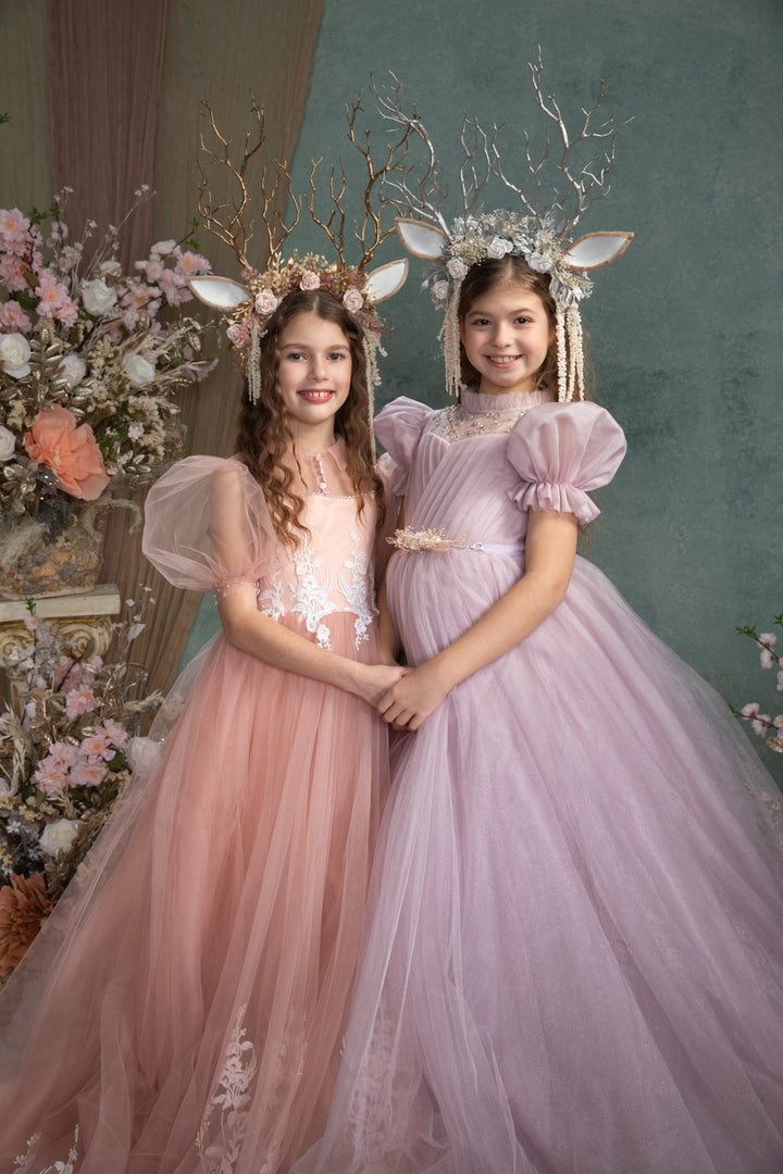 Pink Flower Crown with Gold Antlers: Fairytale Headband – handmade floral hair accessory by magaela