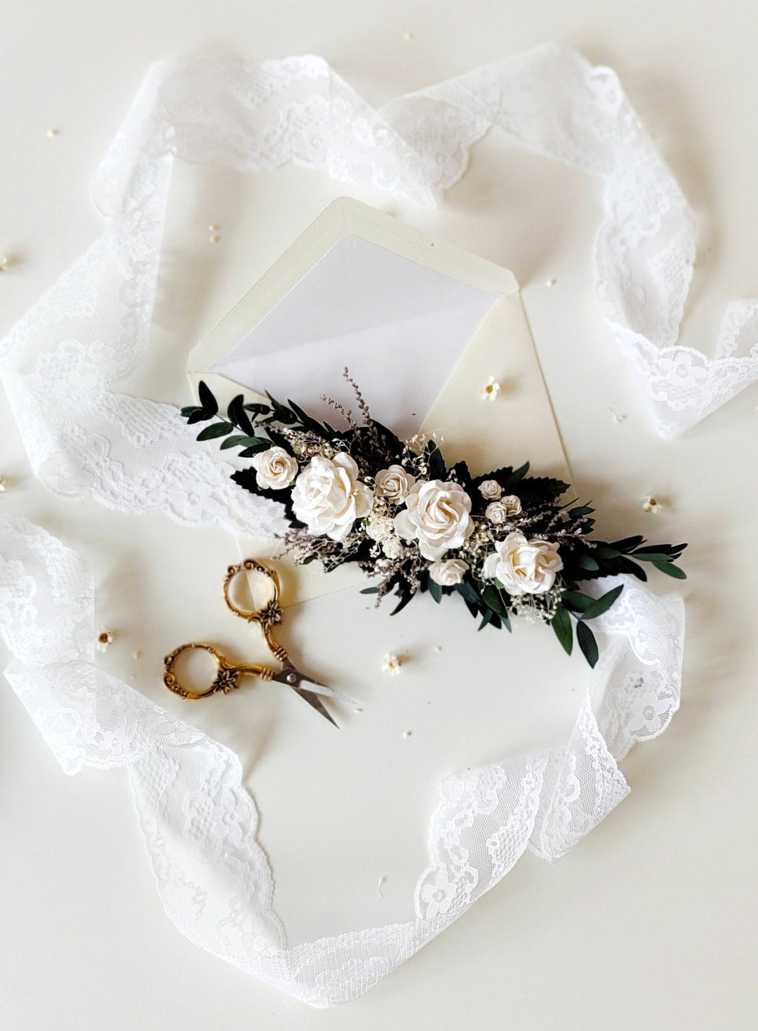 Greenery Bridal Belt: White Roses & Eucalyptus Floral Belt – handmade floral hair accessory by magaela