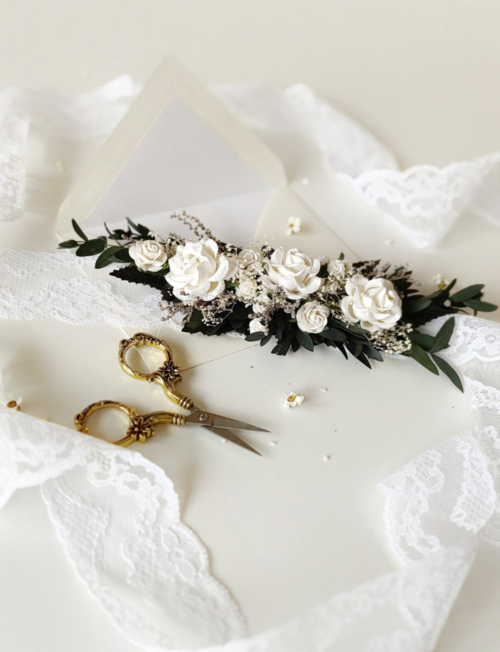 Greenery Bridal Belt: White Roses & Eucalyptus Floral Belt – handmade floral hair accessory by magaela