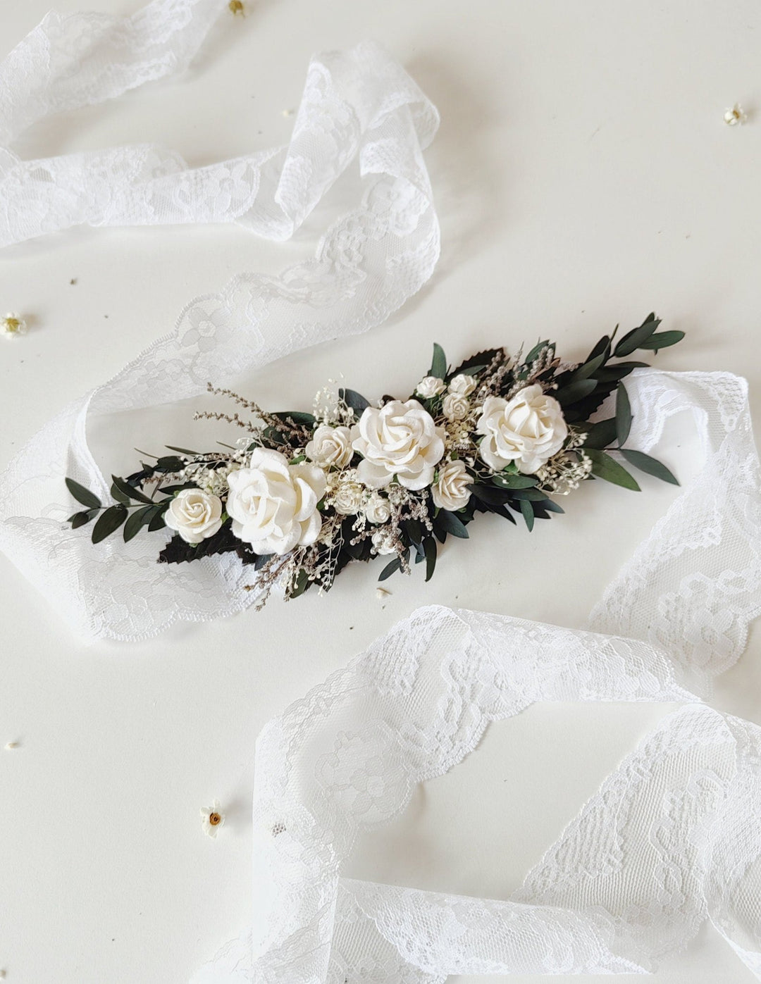 Greenery Bridal Belt: White Roses & Eucalyptus Floral Belt – handmade floral hair accessory by magaela