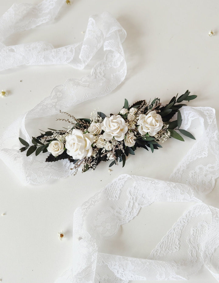 Greenery Bridal Belt: White Roses & Eucalyptus Floral Belt – handmade floral hair accessory by magaela