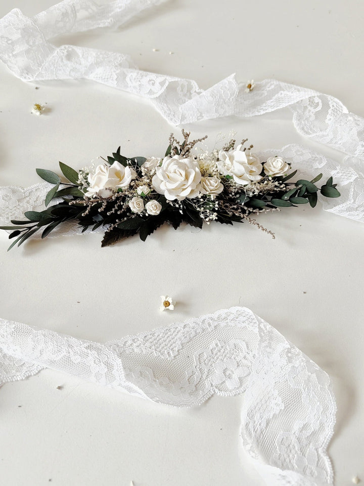 Greenery Bridal Belt: White Roses & Eucalyptus Floral Belt – handmade floral hair accessory by magaela