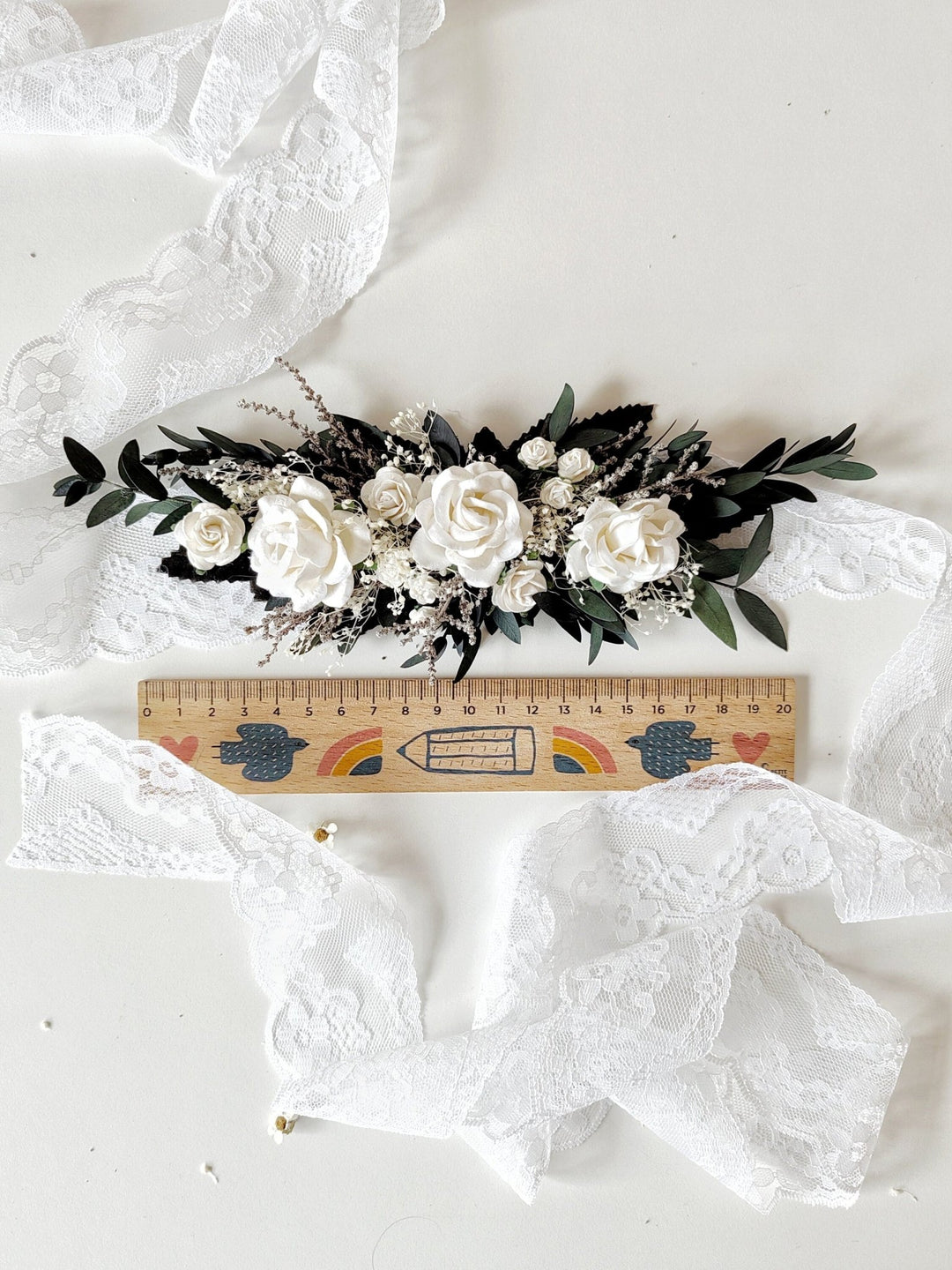 Greenery Bridal Belt: White Roses & Eucalyptus Floral Belt – handmade floral hair accessory by magaela