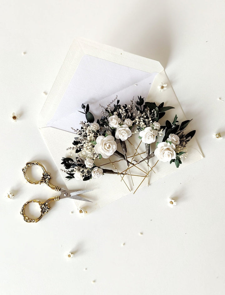 White Rose Hair Pins: Greenery Bridal Hairstyle Accessory – handmade floral hair accessory by magaela