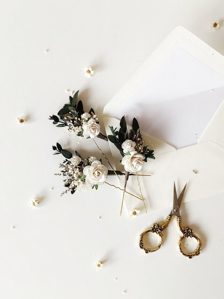 White Rose Hair Pins: Greenery Bridal Hairstyle Accessory – handmade floral hair accessory by magaela