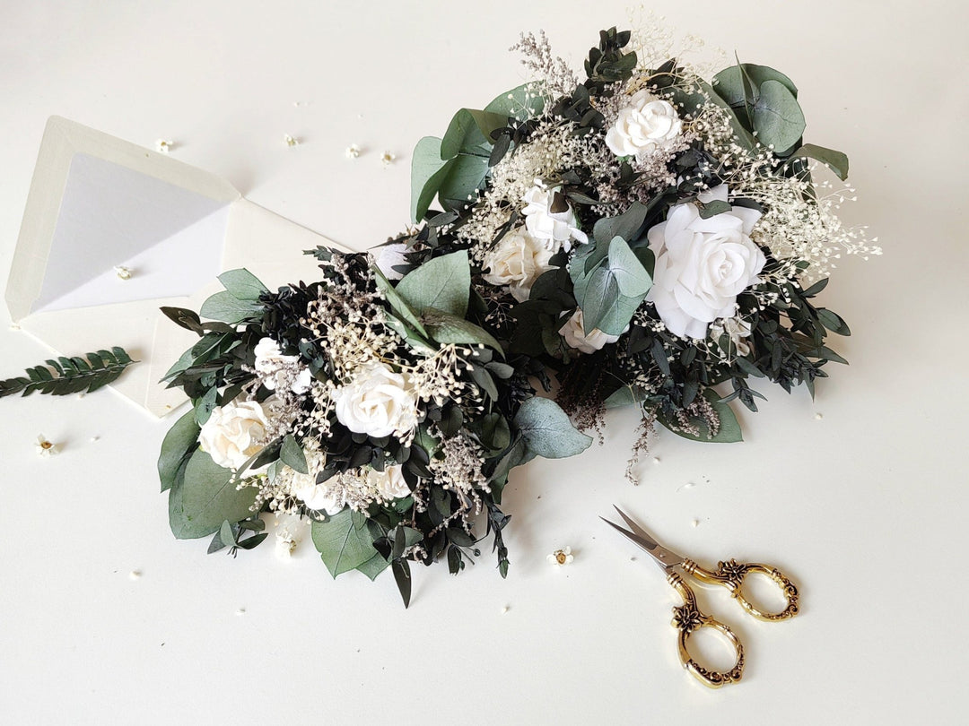 Eucalyptus Wedding Bouquet: White Peony & Greenery Bridal Bouquet – handmade floral hair accessory by magaela