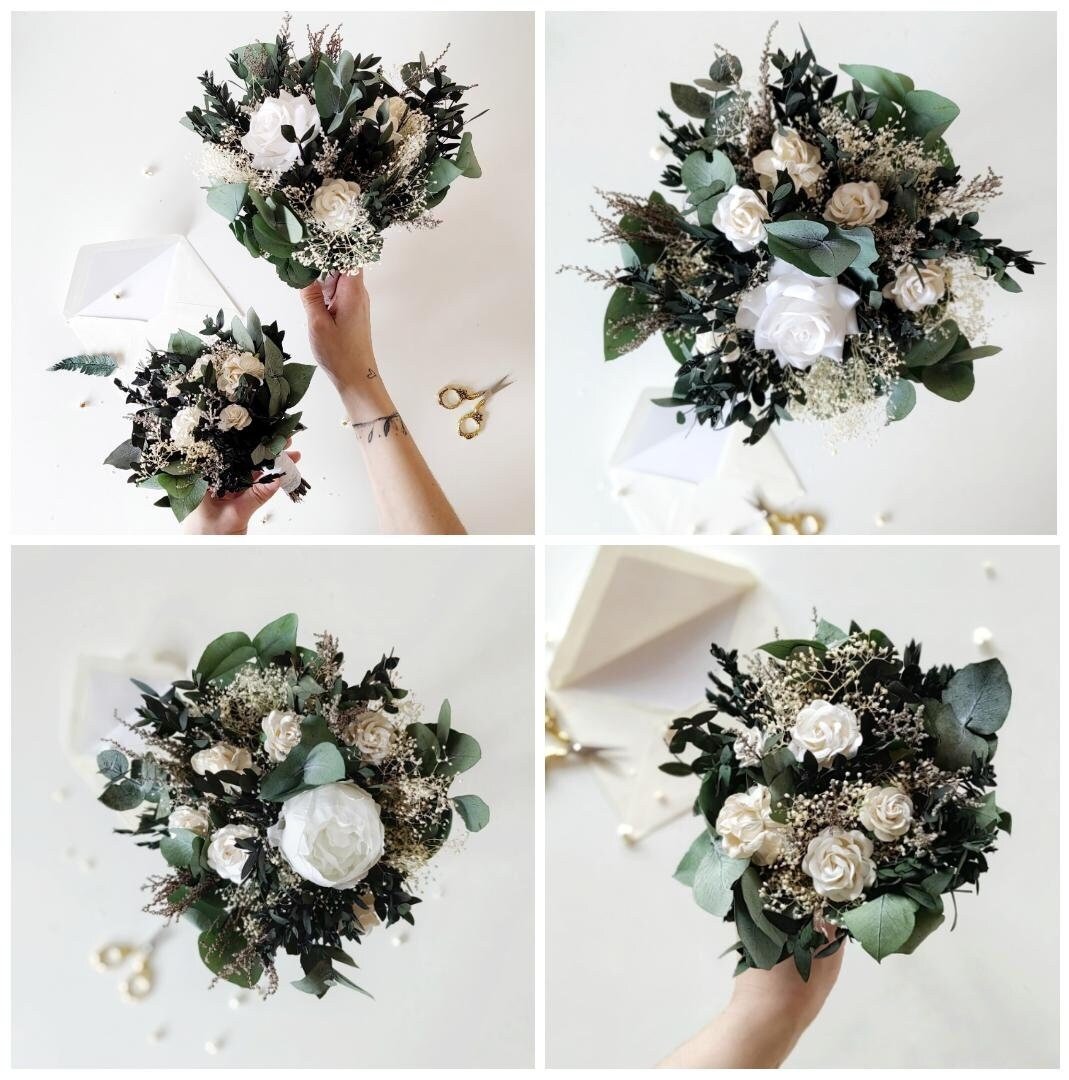 Eucalyptus Wedding Bouquet: White Peony & Greenery Bridal Bouquet – handmade floral hair accessory by magaela