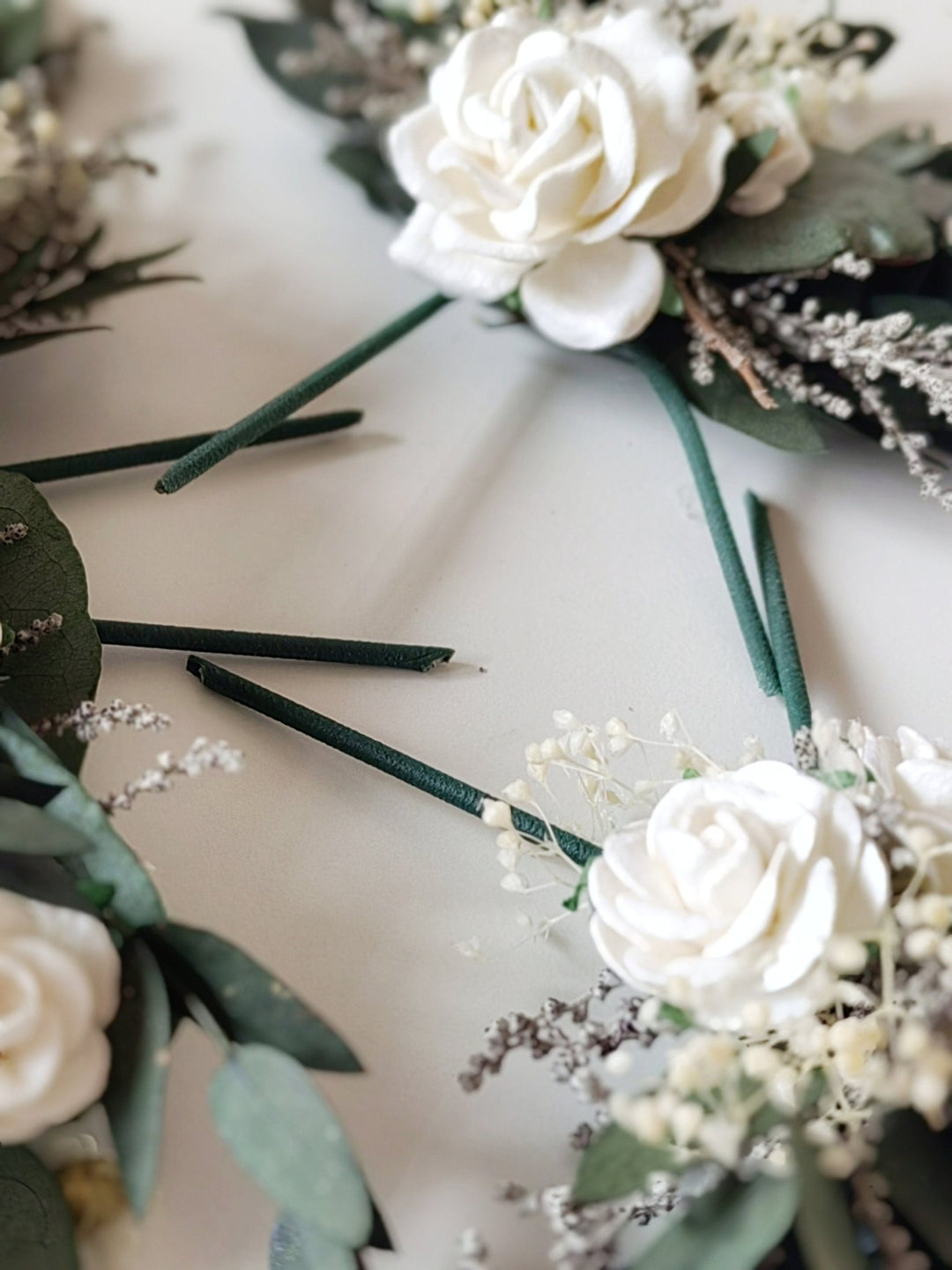 Eucalyptus Wedding Cake Toppers: White Roses & Baby's Breath Flower Set – handmade floral hair accessory by magaela