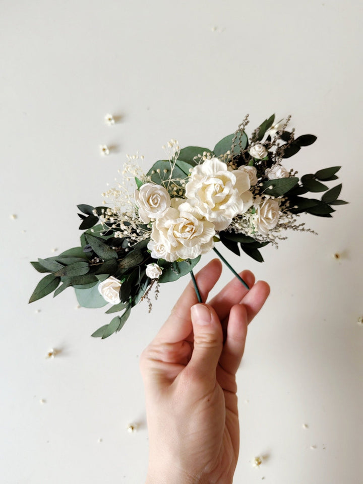 Eucalyptus Wedding Cake Toppers: White Roses & Baby's Breath Flower Set – handmade floral hair accessory by magaela