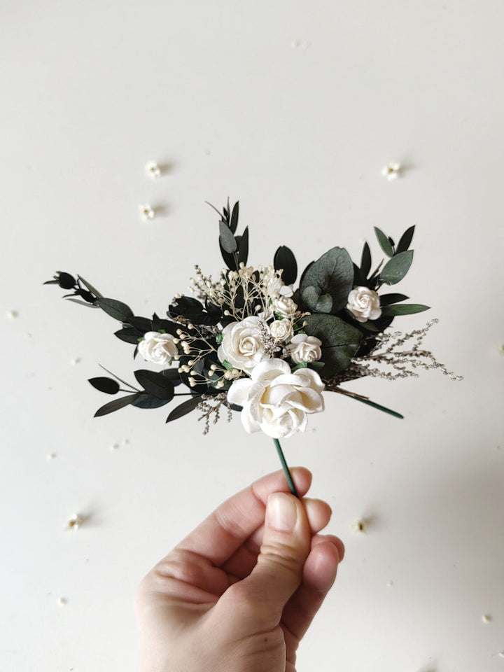 Eucalyptus Wedding Cake Toppers: White Roses & Baby's Breath Flower Set – handmade floral hair accessory by magaela