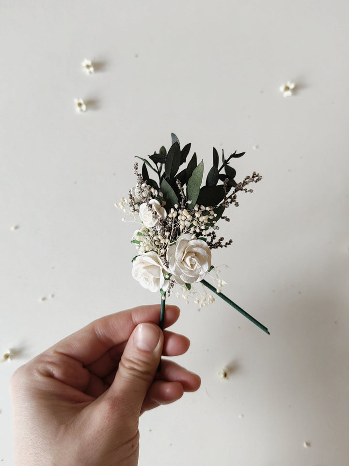 Eucalyptus Wedding Cake Toppers: White Roses & Baby's Breath Flower Set – handmade floral hair accessory by magaela