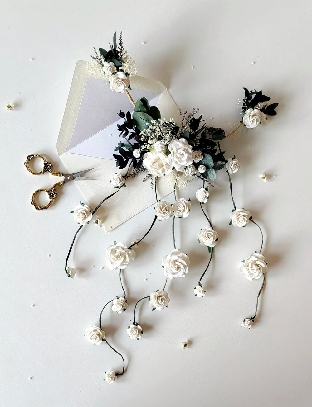 Greenery Bridal Hair Vine: White Roses & Eucalyptus Wedding Accessory – handmade floral hair accessory by magaela