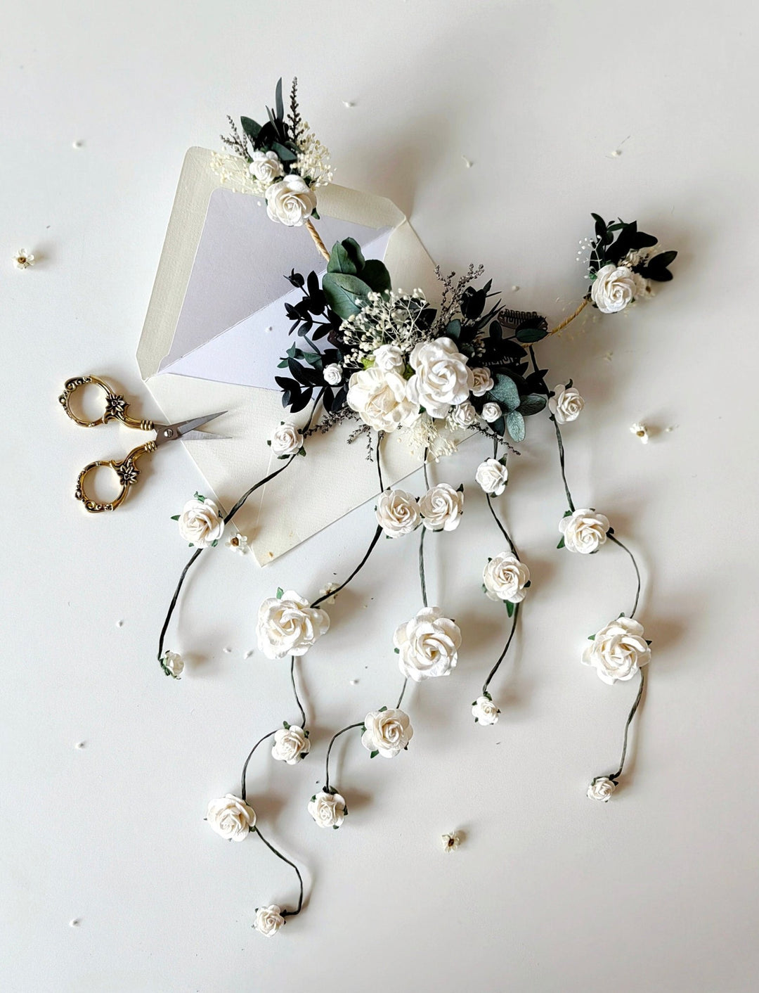 Greenery Bridal Hair Vine: White Roses & Eucalyptus Wedding Accessory – handmade floral hair accessory by magaela