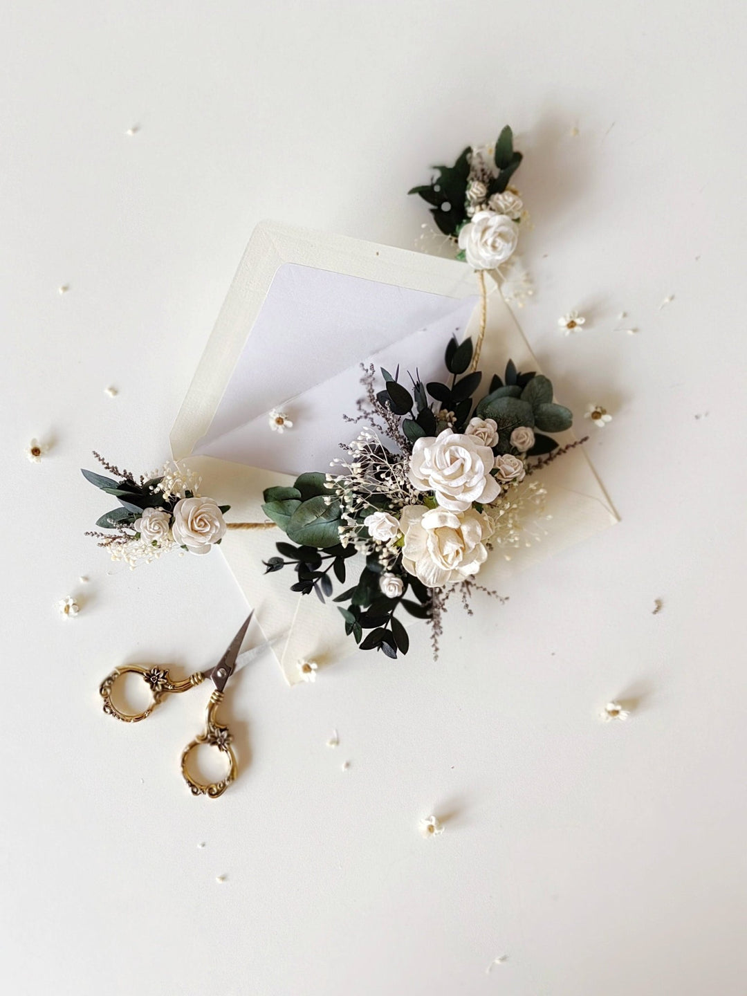 Greenery Bridal Hair Vine: White Roses & Eucalyptus Wedding Accessory – handmade floral hair accessory by magaela