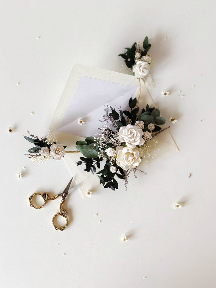 Greenery Bridal Hair Vine: White Roses & Eucalyptus Wedding Accessory – handmade floral hair accessory by magaela