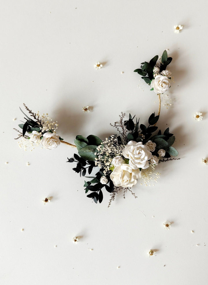 Greenery Bridal Hair Vine: White Roses & Eucalyptus Wedding Accessory – handmade floral hair accessory by magaela