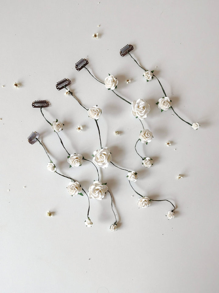 Greenery Bridal Hair Vine: White Roses & Eucalyptus Wedding Accessory – handmade floral hair accessory by magaela