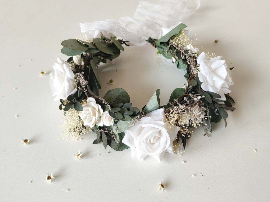 Eucalyptus Bridal Hair Wreath: White Rose Boho Flower Crown – handmade floral hair accessory by magaela