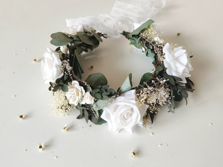 Eucalyptus Bridal Hair Wreath: White Rose Boho Flower Crown – handmade floral hair accessory by magaela