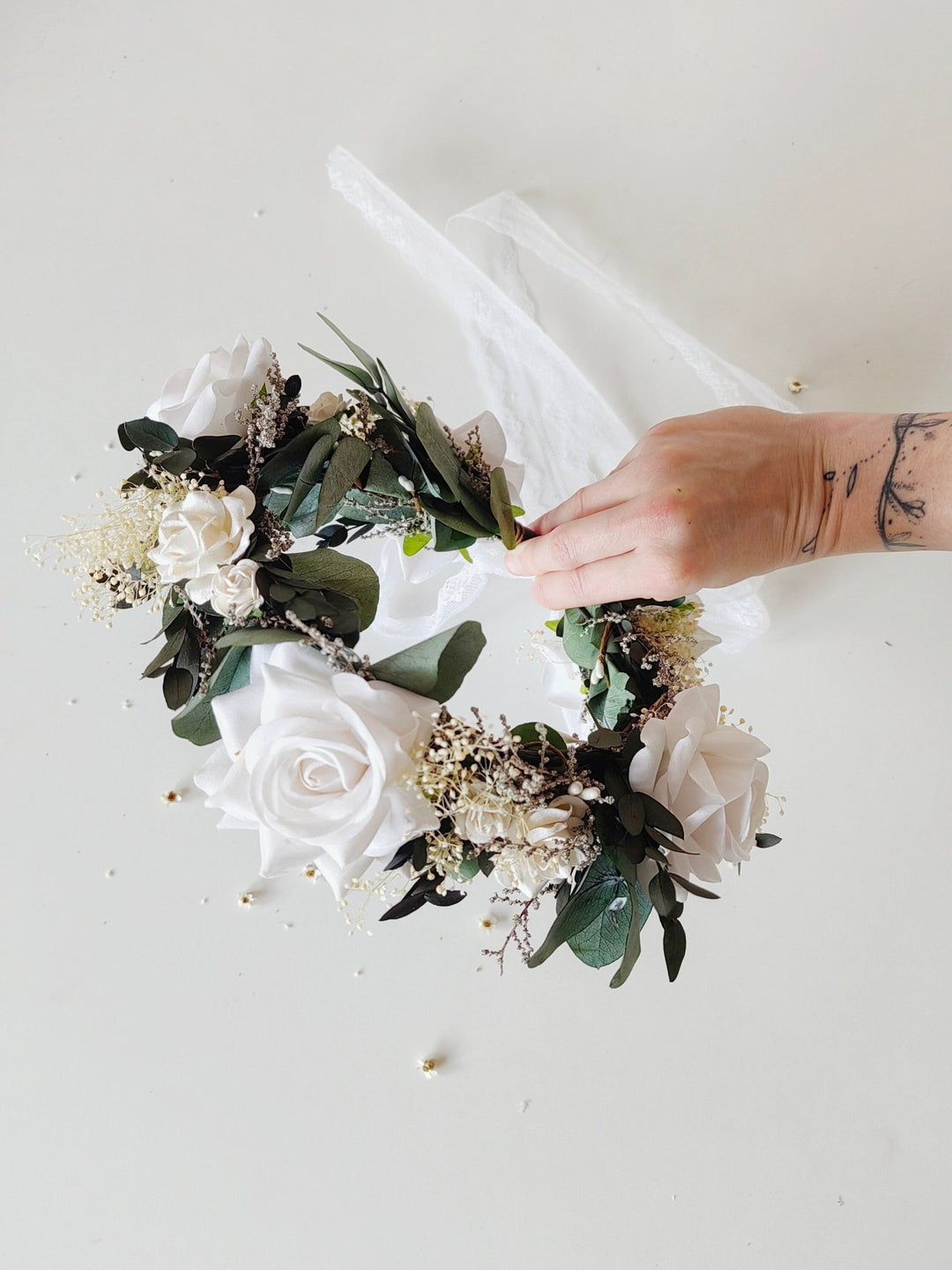 Eucalyptus Bridal Hair Wreath: White Rose Boho Flower Crown – handmade floral hair accessory by magaela