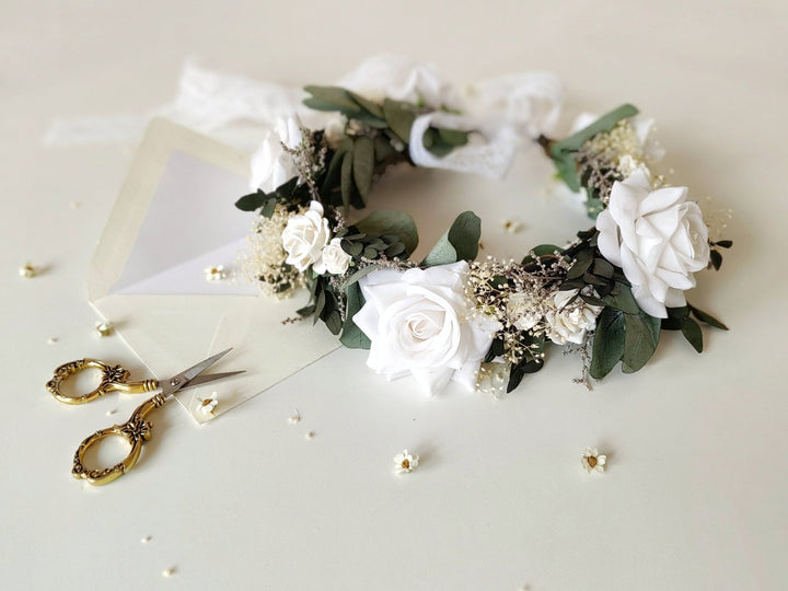 Eucalyptus Bridal Hair Wreath: White Rose Boho Flower Crown – handmade floral hair accessory by magaela
