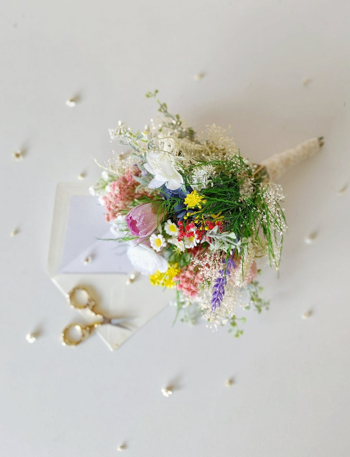 Wildflower Bridesmaid Bouquet: Artificial Spring Wedding Flowers – handmade floral hair accessory by magaela
