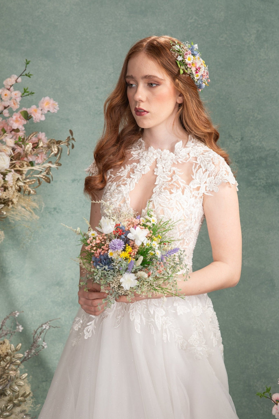 Medium Boho Bridal Bouquet: Wildflower Daisy, Summer Lavender – handmade floral hair accessory by magaela