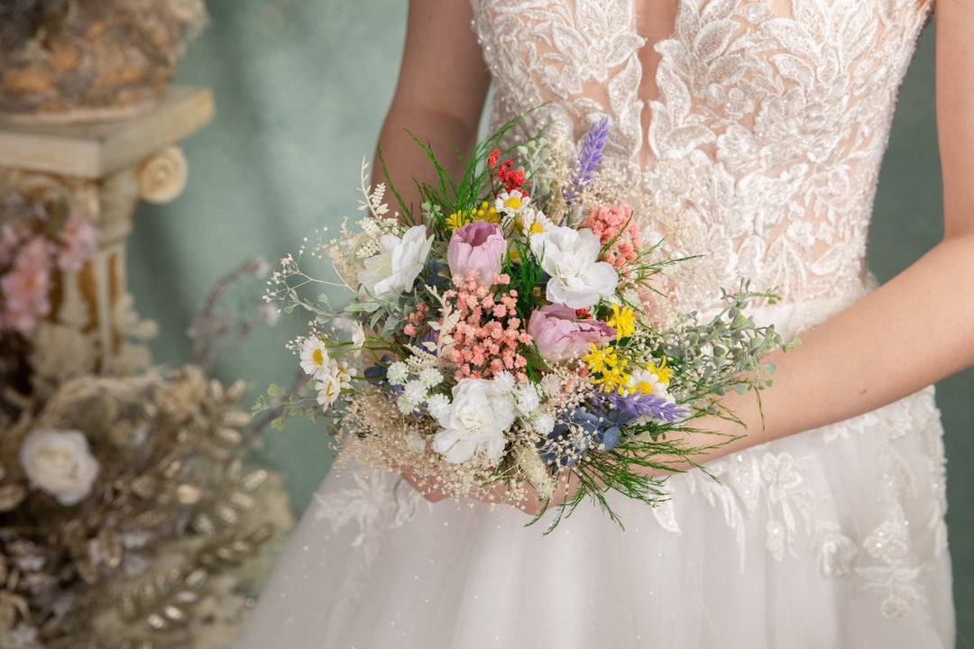 Wildflower Bridesmaid Bouquet: Artificial Spring Wedding Flowers – handmade floral hair accessory by magaela