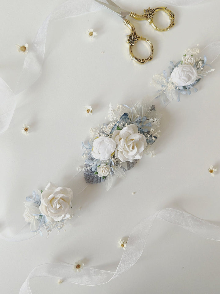 Boho Flower Belt: White Rose First Communion Dress Belt – handmade floral hair accessory by magaela