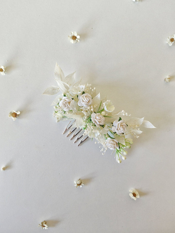White Rose Flower Hair Comb: First Communion Headpiece – handmade floral hair accessory by magaela